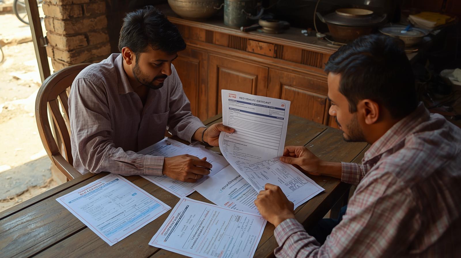 Buyer and seller in Delhi checking used vehicle documents with RTO legal checklist