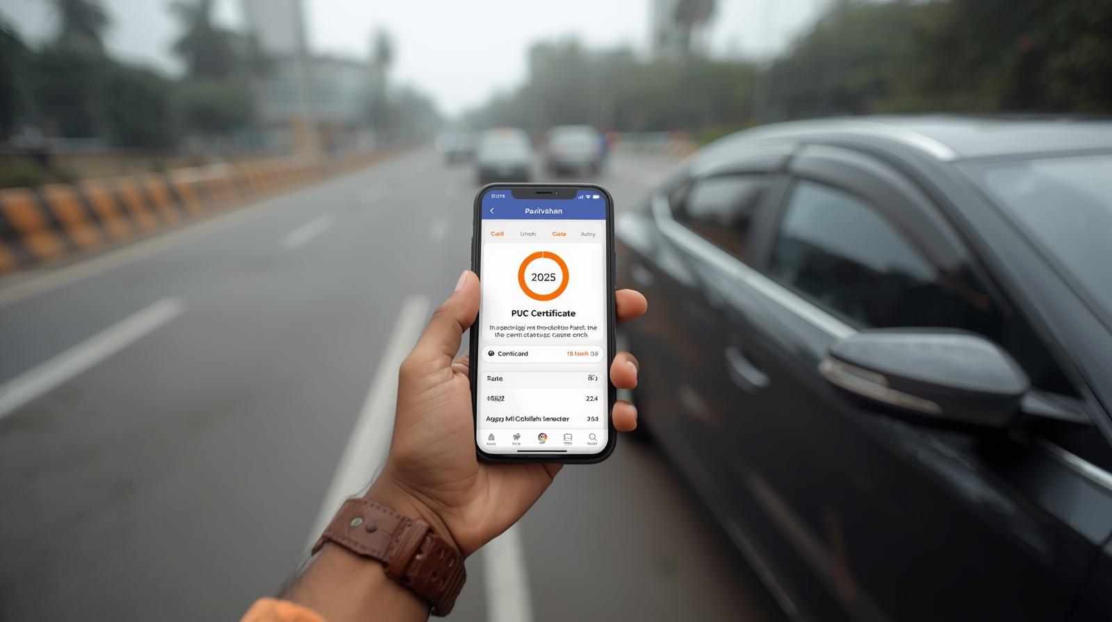 Delhi vehicle owner checking PUC certificate status online on smartphone in 2025